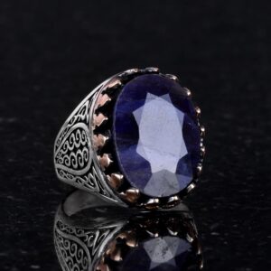 925 Ayar Katı Gümüş Erkek Yüzük Doğal Maden Taşları ile - El Yapımı Şıklık (Mavi Safir Taşı) - Görsel 4