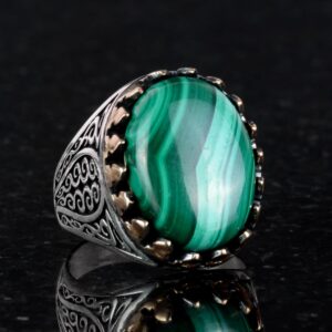 925K Katı Gümüş Erkek Yüzük Doğal Taşlarla - El Yapımı Zarafet (Malakit Taşı) - Görsel 3