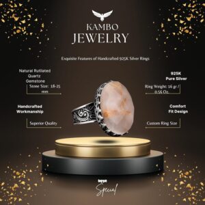 Gerçek Doğal Rutilit Kuvars Taşlı Yüzük, Büyük Yüzük, Erkek Yüzüğü, Gümüş Yüzük Erkekler İçin - Görsel 2