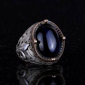 925 Ayar Gümüş Yüzükler Premium Üretilmiş Taşlarla (Koyu Mavi Kedi Gözlü Üretilmiş Taş) - Görsel 2