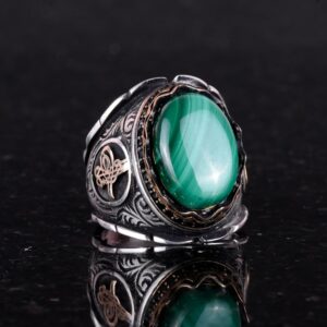 925 Ayar Katı Gümüş Erkek Yüzük, Doğal Malakit Taş Yüzük, Osmanlı Tuğra Gümüş Yüzük - Görsel 5