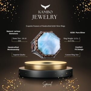 Gerçek Doğal Taş Yüzük - Sekizgen Tasarım - El Yapımı 925 Ayar Gümüş Takı (Larimar) - Görsel 2