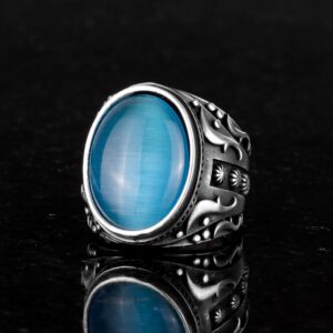 925 Ayar Gümüş Yüzük, Tasarım Gümüş Erkek Yüzüğü (Yapay Açık Mavi Kedi Gözü Taşı) - Görsel 4