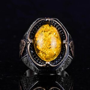 Şık El Yapımı 925 Ayar Gümüş Erkek Yüzüğü, Yapay Açık Sarı Amber Taşı) - Görsel 4