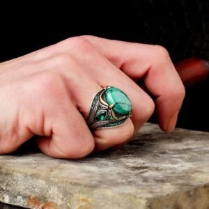 Gerçek Doğal Malakit Taş Yüzük - 925 Ayar Gümüş Erkek Yüzük - Görsel 4