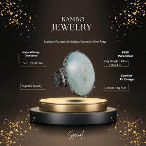 Erkekler için 925 Ayar Gümüş Yüzük, Doğal Druzy Kuvars: Aqua, Yeşil, Bej Seçenekleri (Aqua) - Görsel 2