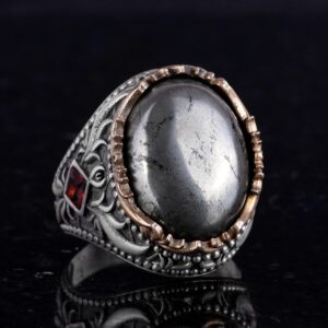 Gerçek Doğal Pirit Taş Yüzük - El Yapımı 925 Ayar Gümüş Yüzük - El İşi Yüzük - Görsel 4