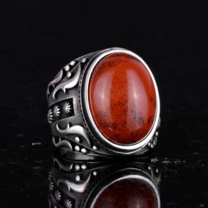 Doğal Kırmızı Kan Taşı Yüzük, 925 Ayar Sert Gümüş Yüzük, Tasarım Gümüş Erkek Yüzüğü - Görsel 5