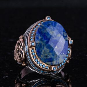 925 Ayar Gümüş Yüzük, Doğal Sodalit Taşı ile, El Yapımı Erkek İfadeli Yüzük, Vintage Tasarım - Görsel 5