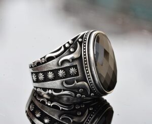 925 Ayar Gümüş Erkek Yüzük, Doğal Siyah Oniks Taşı, Karmaşık Etnik Tasarım, El Yapımı Gümüş Yüzük - Görsel 4