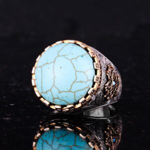 925 Ayar Gümüş Yüzük - Kral Yüzük - Yapay Taş Yüzük - El Yapımı Yüzük (Yapay Turkuaz) - Görsel 6