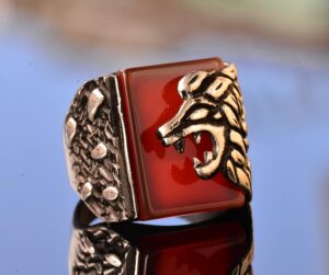 Gerçek Doğal Kırmızı Akik Taşlı Aslan Başlı Yüzük - Gümüş Erkek Yüzüğü - Görsel 3