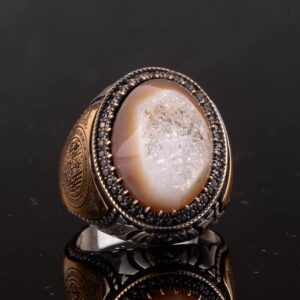 Gerçek Doğal Druzy Kuvars Taşı Yüzük, İslami Yüzük, Sterlin Gümüş Yüzük - Görsel 5