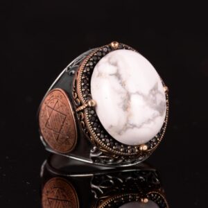 David Yıldızı Gümüş Yüzük, Doğal Howlite Taşı Yüzük - Sakinleştirici 925 Ayar Saf Gümüş Erkek Yüzük - Dikkatli Huzur Tasarımı - Görsel 6