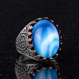 925 Ayar Saf Gümüş Erkek Yüzük - Doğal Taşlarla El Yapımı Şıklık (Mavi Akik Taşı) - Görsel 2