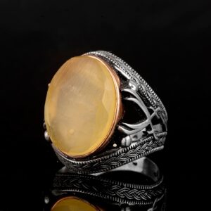 Gerçek Doğal Taş Erkek Yüzüğü, Kılıç Yüzüğü, 925 Ayar Gümüş Erkek Yüzüğü (Kehribar) - Görsel 4