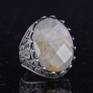 Gerçek Doğal Taş Yüzük - Gül Desenli Yüzük - 925 Ayar Gümüş Yüzük - El Yapımı Büyük Yüzük (Altınlı Rutilli Kuvars) - Görsel 5