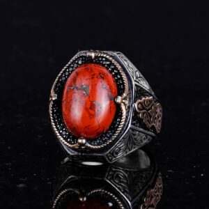 Doğal Kırmızı Kan Taşı Yüzük - 925 Ayar Katı Gümüş Yüzük Erkekler İçin - Görsel 5