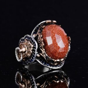 Kahverengi Güneş Taşı Yapay Taş Yüzük, 925K Gümüş Erkek Yüzük, Aslan Sembol Yüzüğü, Gümüş Modaya Uygun Erkek Yüzük - Görsel 5