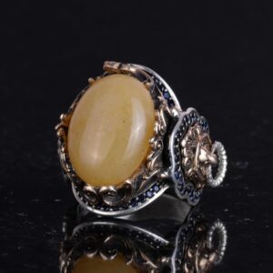 Aslan Başlı Erkek Yüzüğü, 925 Ayar Gümüş Yüzük, Doğal Sarı Akik Taş Yüzüğü, Gümüş Erkek Yüzüğü - Görsel 5