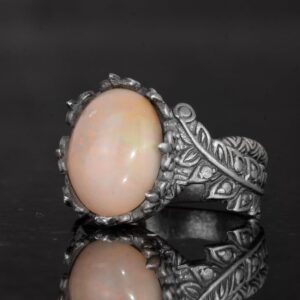 El Yapımı 925 Ayar Gümüş Erkek Yüzük Doğal Opal Taşı - Yaprak Desenli İfade Yüzüğü (Model-1) - Görsel 6