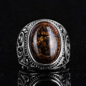 925 Ayar Katı Gümüş Erkek Yüzük, El Yapımı Bronzit Taşı Yüzük - Görsel 4