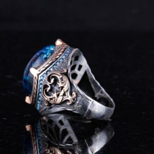 925 Ayar Gümüş Yüzük, Doğal Azurit Taşı ile, El Yapımı Erkek Yüzüğü, Vintage Tasarım - Görsel 7