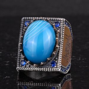 Gerçek Doğal Mavi Akik Taş Yüzük - 925 Ayar Gümüş İslami Yüzük - El Yapımı Hat Yüzük - Görsel 6