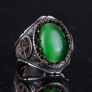 925 Ayar Katı Gümüş Erkek Yüzük Doğal Taşlarla - El Yapımı Zarafet (Yeşil Göztaşı) - Görsel 2
