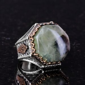 Gerçek Doğal Taş Yüzük - Sekizgen Tasarım - El Yapımı 925 Ayar Gümüş Takı (Prehnite) - Görsel 6