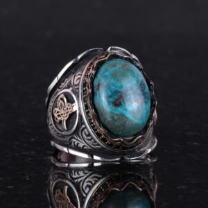 Gerçek Doğal Krysokolla Taşı Yüzük, Osmanlı Tuğra Gümüş Yüzük, 925 Ayar Katı Gümüş Erkek Yüzüğü - Görsel 4