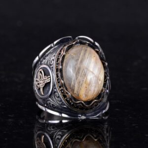 Cabochon Doğal Altın Rutilat Kuvars Taş Yüzük, Mistik 925 Ayar Saf Gümüş Erkek Yüzüğü, Osmanlı Tuğra Yüzüğü - Görsel 4