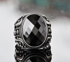 925 Ayar Gümüş Erkek Yüzük, Doğal Siyah Oniks Taşı, Karmaşık Etnik Tasarım, El Yapımı Gümüş Yüzük - Görsel 2