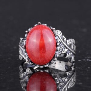 Gerçek Doğal Kırmızı Mercan Taşlı Gümüş Kadın Yüzüğü, Vintage Bohem Tasarım - Görsel 6