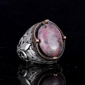 925K Ayar Gümüş El Yapımı Erkek Yüzük - Çeşitli Doğal Taşlarla Mevcut (Rhodonit) - Görsel 4