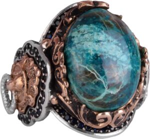 925 Ayar Katı Gümüş Erkek Yüzük, Gerçek Doğal Krysokolla Taşı Yüzük, Aslan Başı Yüzük - Görsel 1