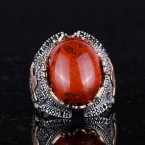 Doğal Kırmızı Kan Taşı Taşlı Gümüş Yüzük, 925 Ayar Sert Gümüş Yüzük Erkekler İçin, Farklı Yüzük - Görsel 5