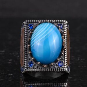 Gerçek Doğal Mavi Akik Taş Yüzük - 925 Ayar Gümüş İslami Yüzük - El Yapımı Hat Yüzük - Görsel 4