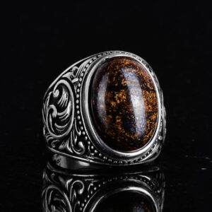 925 Ayar Katı Gümüş Erkek Yüzük, El Yapımı Bronzit Taşı Yüzük - Görsel 6