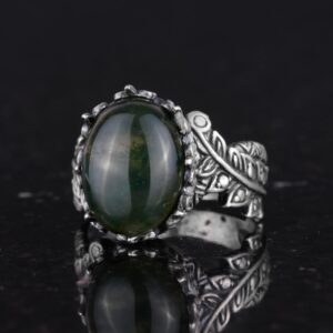 Gerçek Doğal Moss Agat Taşlı Gümüş Bayan Yüzük, Vintage Bohem Tasarım - Görsel 6