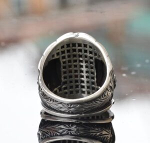 El Yapımı 925 Ayar Gümüş Erkek Yüzük, Gerçek Mavi Safir Taşı - Karmaşık Osmanlı İşlemeli Tasarım, Ortadoğu Etkili Yüzük - Görsel 5