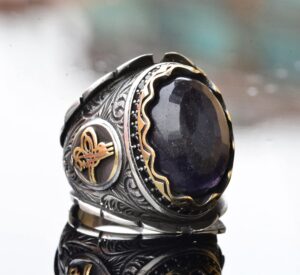 El Yapımı 925 Ayar Gümüş Erkek Yüzük, Gerçek Mavi Safir Taşı - Karmaşık Osmanlı İşlemeli Tasarım, Ortadoğu Etkili Yüzük - Görsel 3