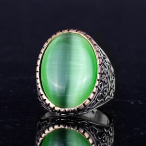 925 Ayar Gümüş Erkek Yüzük, Büyük Yüzük (Açık Yeşil Kedi Gözü Taş) - Görsel 5