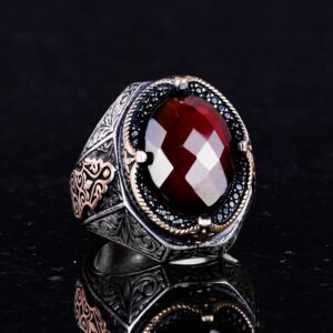 El Yapımı Doğal Granat Taşlı Yüzük - Derin 925K Katı Gümüş Erkek Yüzüğü - Görsel 5