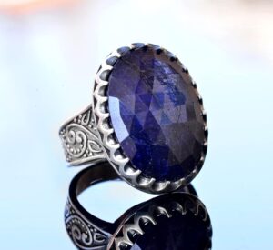 El Yapımı Doğal Safir Taşlı Yüzük, 925 Ayar Gümüş Erkek Yüzüğü - Bilgelik ve Refah Tasarımı - Görsel 3