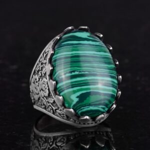 Gerçek Doğal Taş Yüzük - Gül Desenli Yüzük - 925 Ayar Gümüş Yüzük - El Yapımı Büyük Yüzük (Malaşit) - Görsel 5