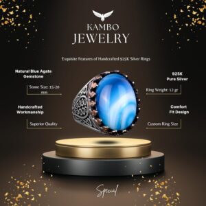 925 Ayar Saf Gümüş Erkek Yüzük - Doğal Taşlarla El Yapımı Şıklık (Mavi Akik Taşı) - Görsel 6