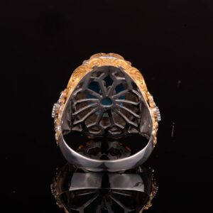 Gümüş Erkek Kral Büyük Yüzük, Yapay Mavi Topaz Taşı, Altın Kaplama - Görsel 6