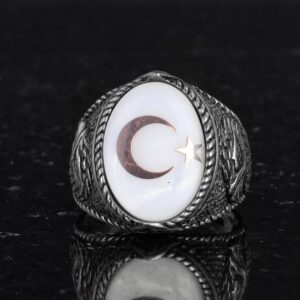 Erkekler için Ay Yıldız Kartal Yüzüğü - 925 Ayar Gümüş Yüzük Doğal sedef Taşlı- Hilal ve Yıldız Tasarımı - Türk Ay Yıldız Bayrağı Kartal Tasarım Yüzüğü (Beyaz) - Görsel 4