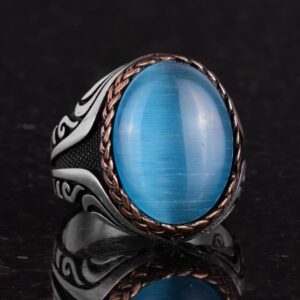 925 Ayar Gümüş Yüzük - Yapay Taş Gümüş Yüzük - El Yapımı Yüzük (Yapay açık mavi kedi gözü) - Görsel 4